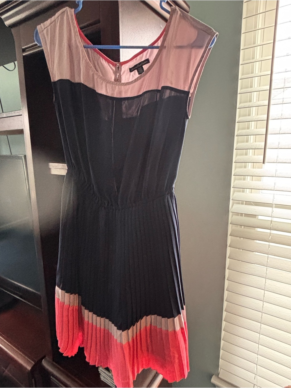 American Eagle Outfitters Navy and Pink Colorblock Pleated Midi Dress